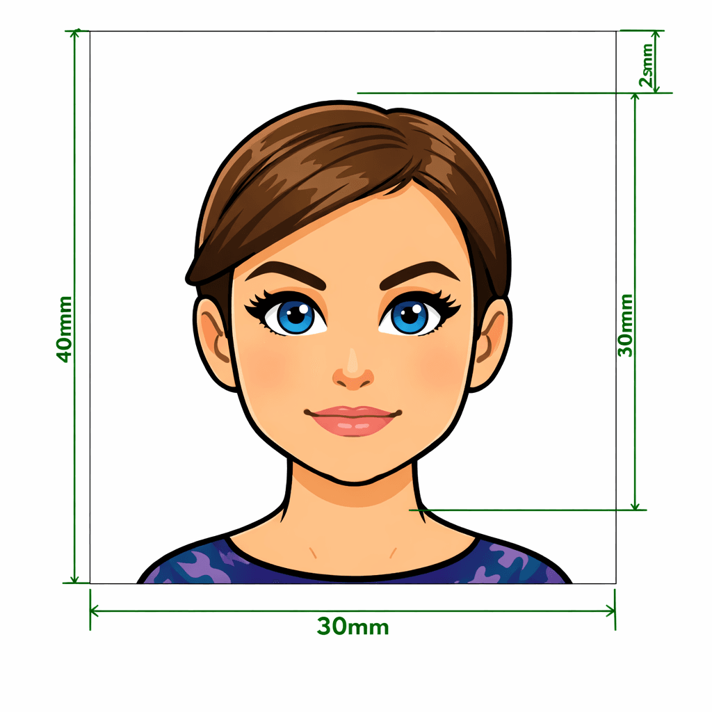 Beispiel Passfoto 3×4: 30 mm breit, 40 mm hoch, Kopf zentriert